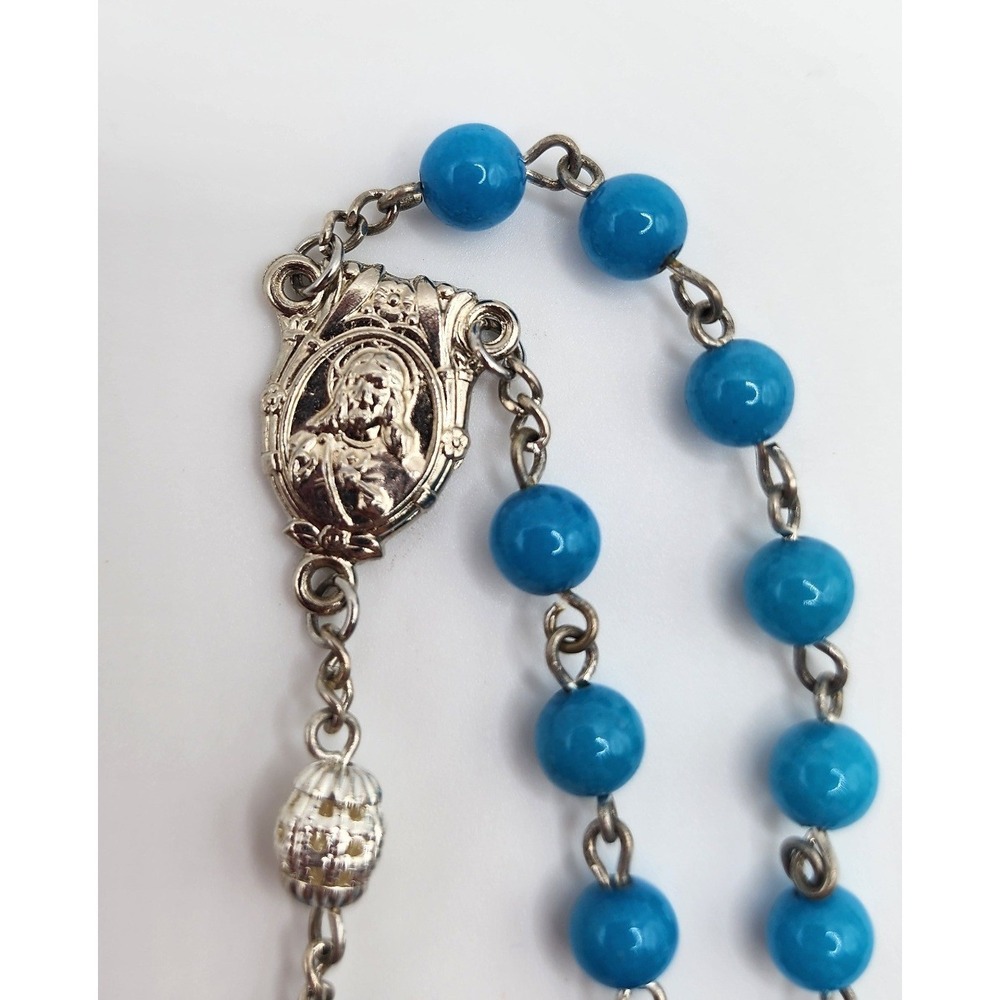 Italy Rosary Necklace Blue Beads Silver Metal Crucifix Catholic Prayer Beads - Picture 3 of 9